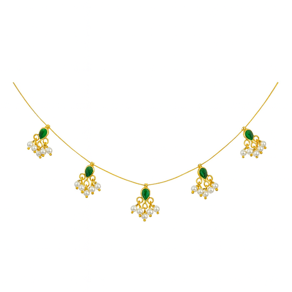 Elegant Invisible Gold-Plated Necklace with Green Stones & Pearl Drops - Image 2