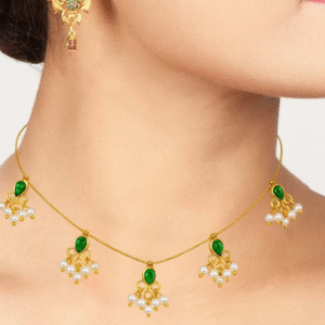 Elegant Invisible Gold-Plated Necklace with Green Stones & Pearl Drops