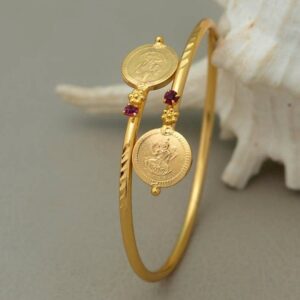 Traditional Gold-Plated Adjustable Coin Bangle with Ruby Accents
