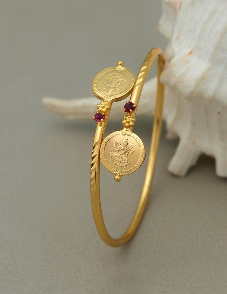 Traditional Gold-Plated Adjustable Coin Bangle with Ruby Accents