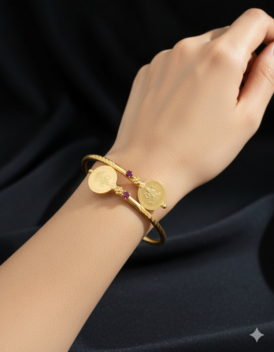 Traditional Gold-Plated Adjustable Coin Bangle with Ruby Accents - Image 2