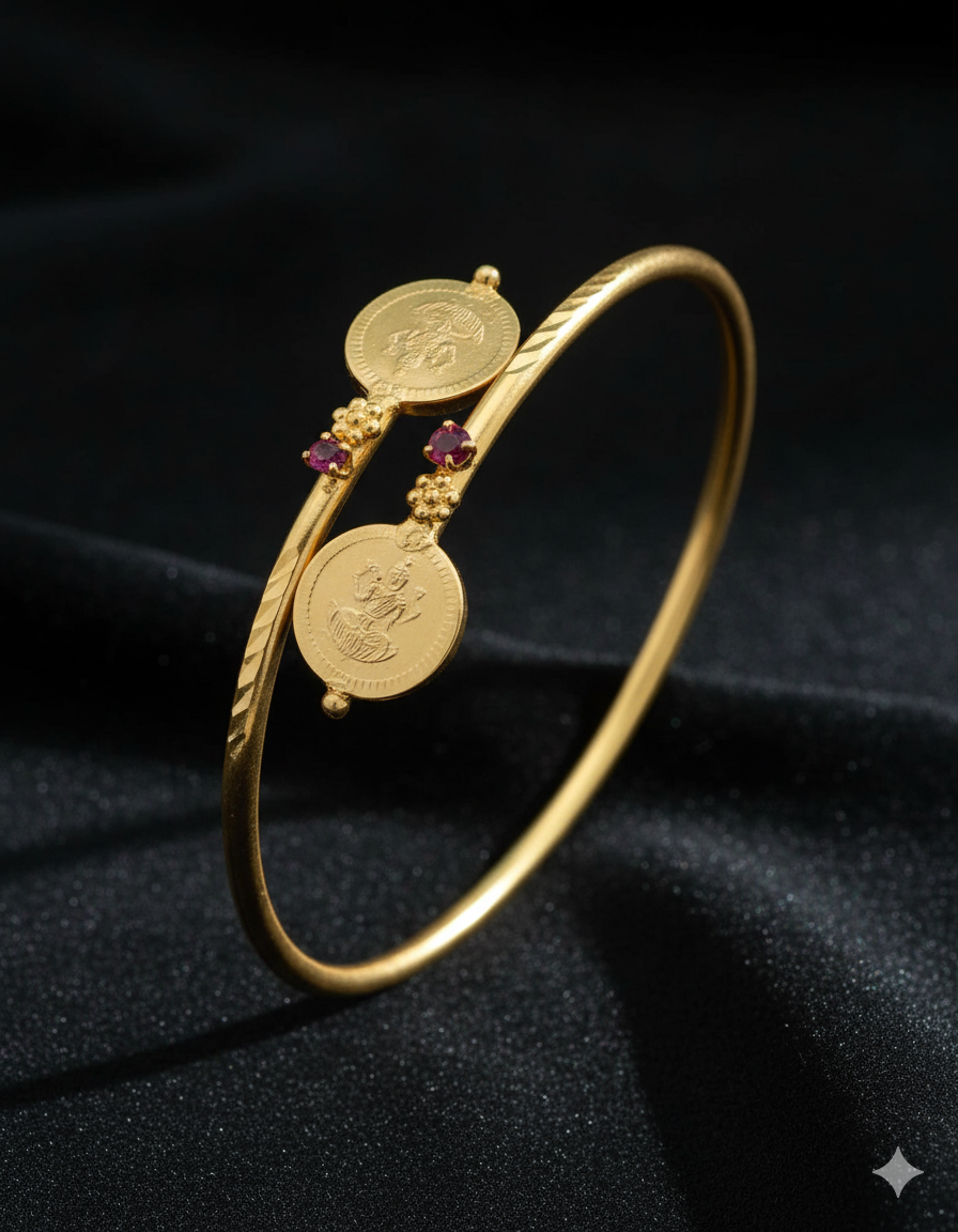 Traditional Gold-Plated Adjustable Coin Bangle with Ruby Accents - Image 3