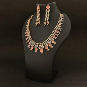 Designer Diamond-Cut Rose Gold Necklace & Long Earring Set with Pink Stones