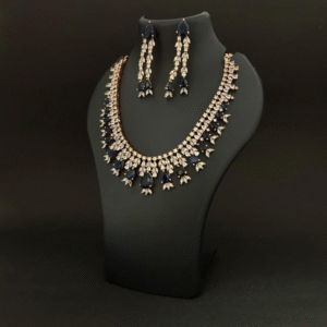 Elegant Diamond-Cut Necklace & Long Earring Set with Black Stones